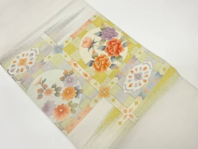 綴れ格天井に丸文・花々模様織出し名古屋帯【中古】【着】 宗sou