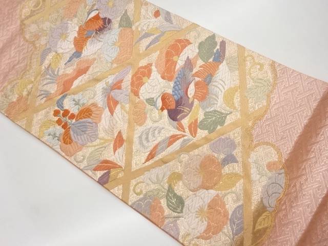 鴛鴦に桐・花唐草模様織出し袋帯【中古】【着】 宗sou