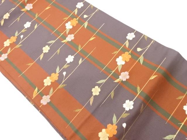 縞に桜模様織出し名古屋帯【中古】【着】 宗sou