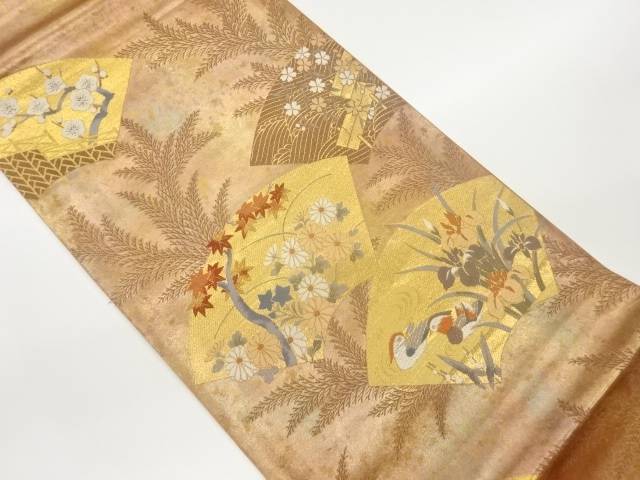 絢皇錦金彩地紙に草花・鴛鴦模様織出し袋帯【中古】【着】 宗sou