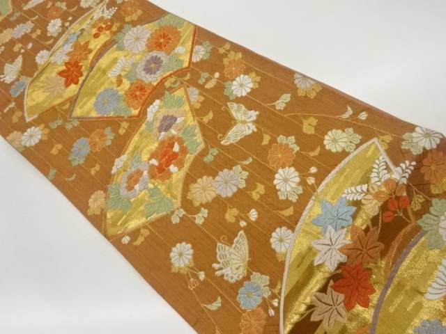 地紙に蝶・花々模様織出し袋帯【中古】【着】 宗sou