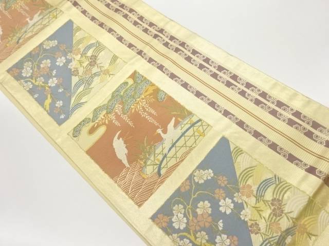 色紙に枝垂れ桜・荒波・松鶴模様織出し袋帯【中古】【着】 宗sou｜お茶道具・着物　【宗 sou】