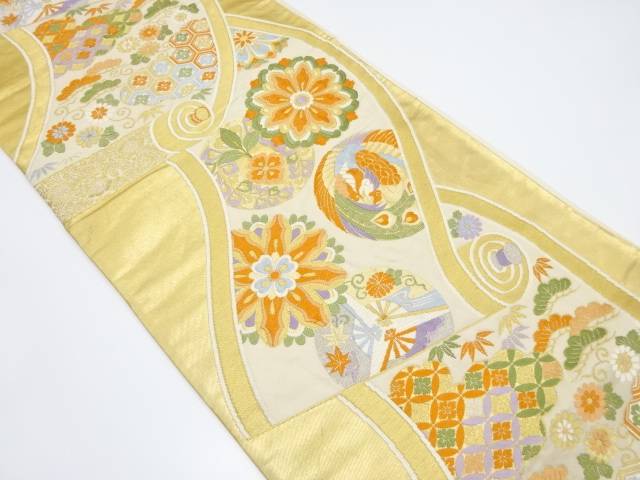 巻物に鳳凰・花・古典柄織り出し　袋帯【中古】【着】 宗sou
