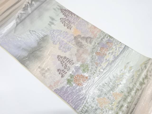 プラチナ二重箔　霞に樹木風景模様織り出し　袋帯【中古】【着】 宗sou