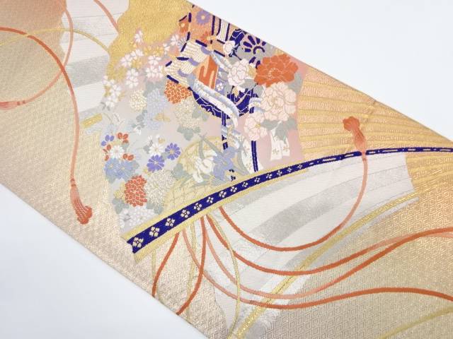 扇に御所車・草花模様織り出し　袋帯【中古】【着】 宗sou