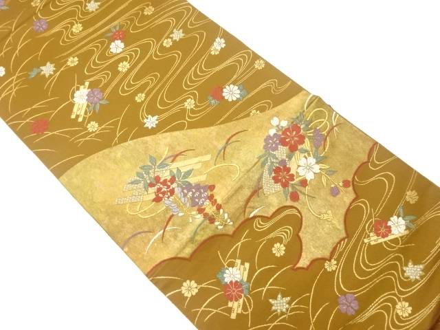 引箔花筏・扇に花々模様織出し袋帯【中古】【着】 宗sou｜お茶道具・着物　【宗 sou】