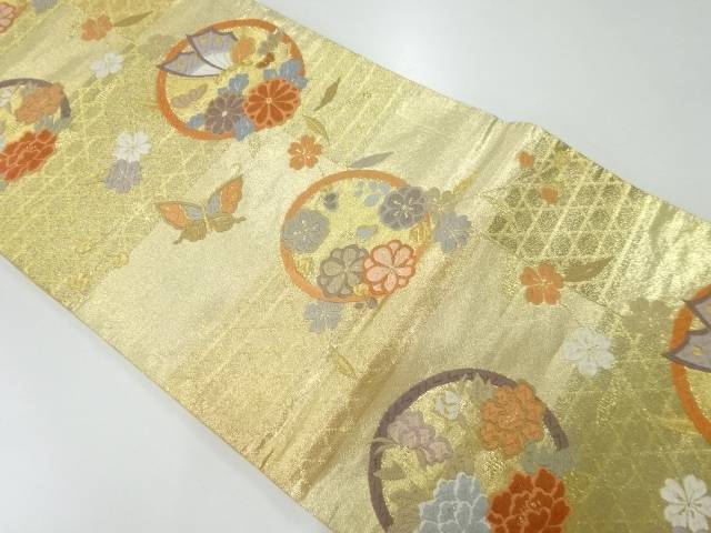 丸文に花・蝶模様織出し袋帯【リサイクル】【中古】【着】 宗sou