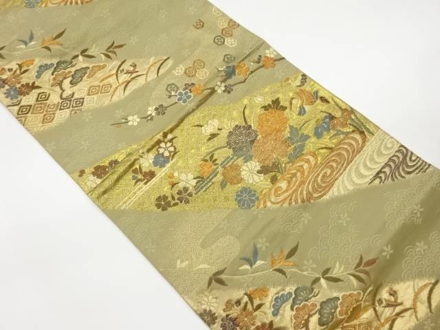 草花・古典柄に流水・鴛鴦模様織出し袋帯【中古】【着】 宗sou