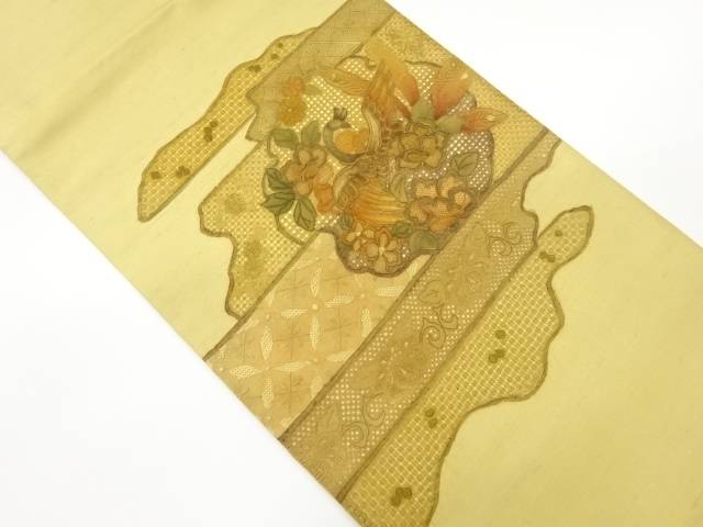 手織り紬汕頭相良刺繍花鳥に七宝・花唐草模様洒落袋帯【中古】【着】 宗sou｜お茶道具・着物　【宗 sou】