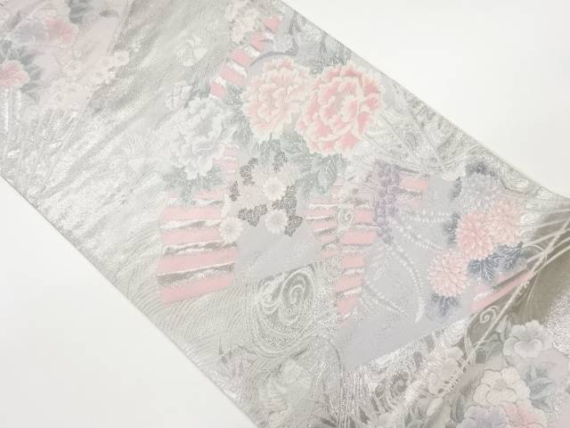 九百錦プラチナ箔扇に花々・流水・鴛鴦模様織出し袋帯【中古】【着】 宗sou｜お茶道具・着物　【宗 sou】