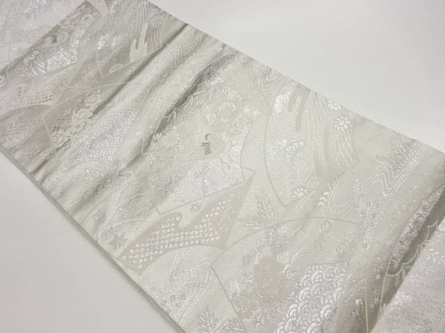 プラチナ銀箔二重織地紙に鴛鴦・草花・波模様織出し袋帯【中古】【着】 宗sou