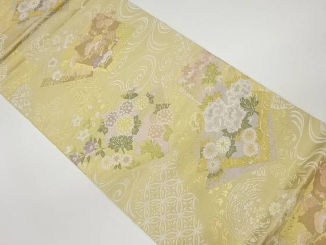 プラチナ箔色紙に花々模様織出し袋帯【中古】【着】 宗sou