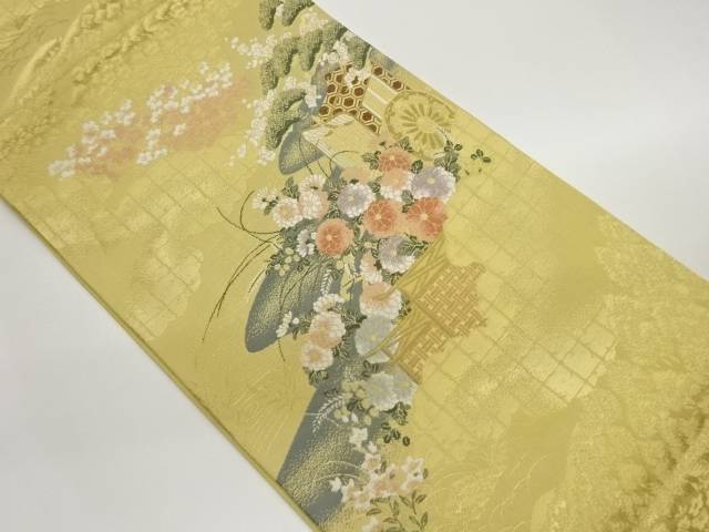 御所車に花々・松模様織出し袋帯【中古】【着】 宗sou｜お茶道具・着物　【宗 sou】