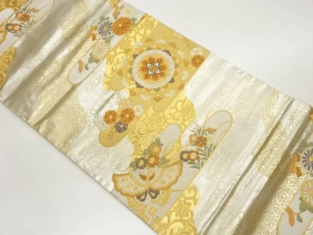 ヱ霞に華文・蝶・草花模様織出し袋帯【中古】【着】 宗sou