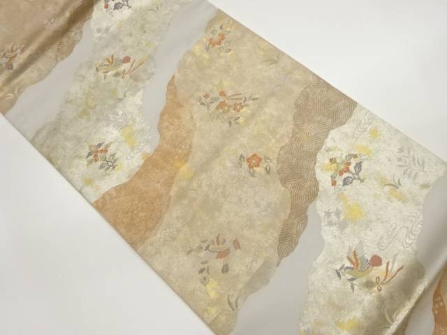 引箔道長取りに花喰い鳥模様織出し袋帯【中古】【着】 宗sou