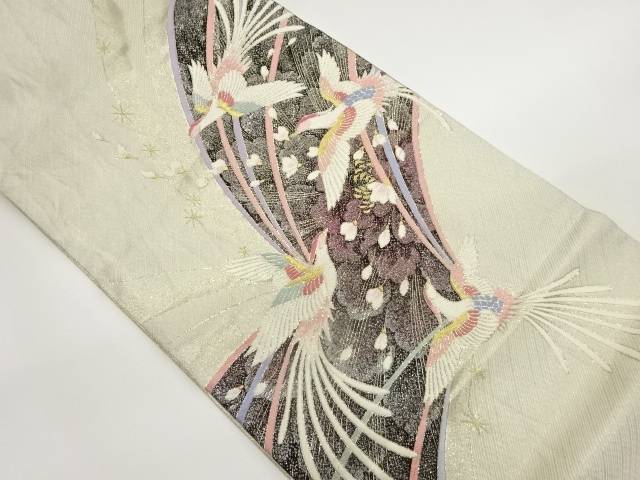 鳳凰に桜散らし・斜線模様織出し袋帯【中古】【着】 宗sou
