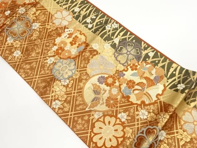 雪輪に蝶・花鳥・菱模様織出し袋帯【中古】【着】 宗sou
