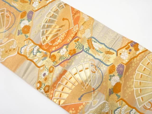 桧扇に鶴・草花模様織り出し　袋帯【中古】【着】 宗sou