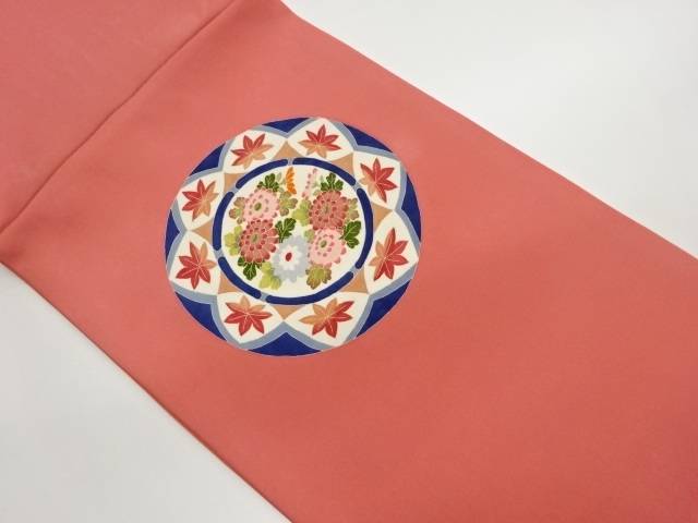 作家物　本加賀塩瀬丸文に菊・紅葉模様開き名古屋帯（額縁仕立て）【中古】【着】 宗sou