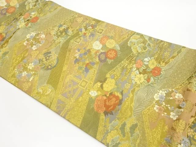 屏風に花々・松・桐模様織出し袋帯【中古】【着】 宗sou