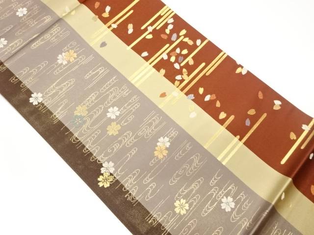 桜散らしに霞・流水模様織出し袋帯【中古】【着】 宗sou