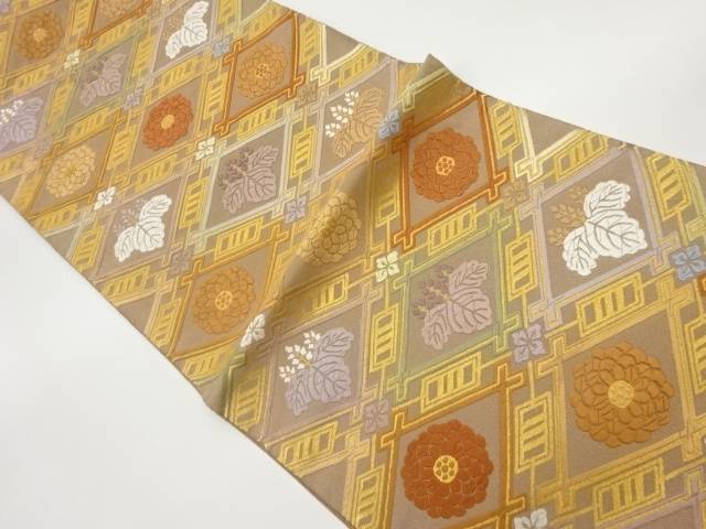 唐織菱に菊・桐模様織出し袋帯【中古】【着】 宗sou|お茶道具・着物 【宗 sou】