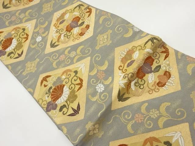 菱に花唐草模様織出し袋帯【中古】【着】 宗sou