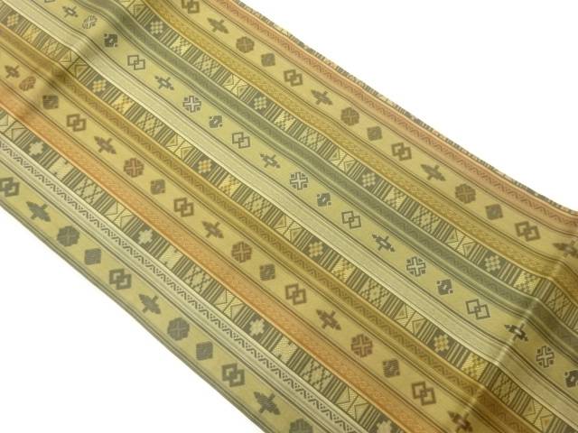 縞に幾何学模様織出し名古屋帯【中古】【着】 宗sou