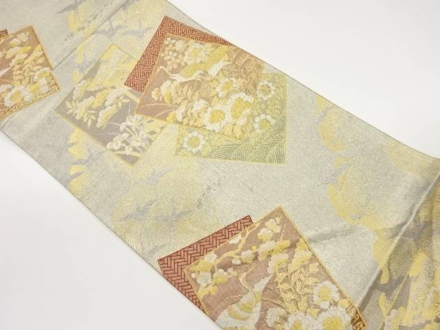 色紙に鶴・花々模様織出し袋帯【中古】【着】 宗sou