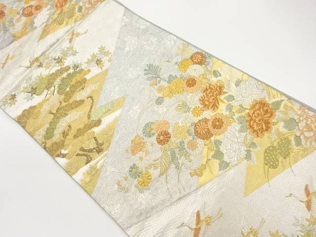 花々・松に群鶴模様織出し袋帯【中古】【着】 宗sou