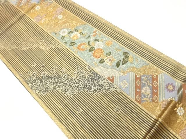 縞に花唐草・鳥模様織出し袋帯【中古】【着】 宗sou