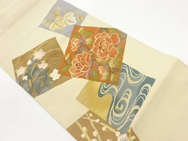 色紙に花々・流水模様織出し袋帯【中古】【着】 宗sou