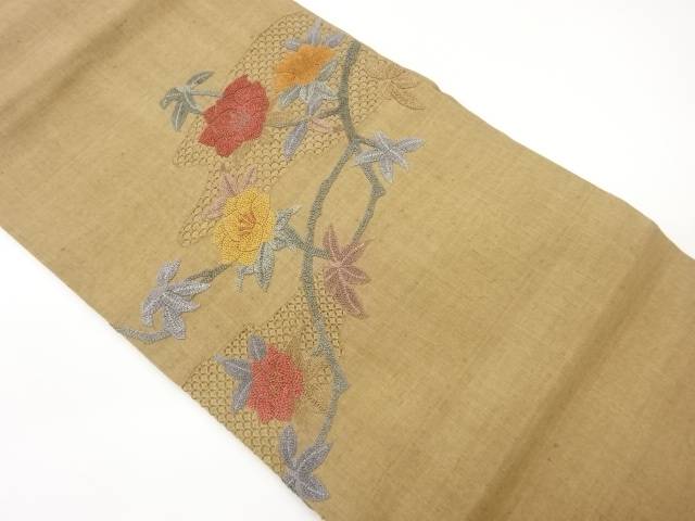 手織り紬汕頭相良刺繍抽象雲に草花模様名古屋帯【中古】【着】 宗sou|お茶道具・着物 【宗 sou】