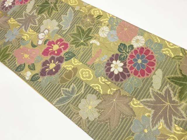 菊に紅葉・花々模様織出し袋帯【中古】【着】 宗sou
