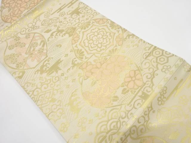 地紙に壺・荒波・花模様織り出し　名古屋帯【中古】【着】 宗sou