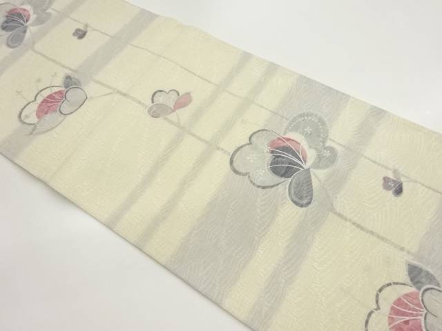 銀彩手描き纐纈抽象花葉模様全通袋帯【中古】【着】 宗sou