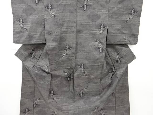 ヱ霞に寺塔模様織出し本場泥大島紬着物（9マルキ）【中古】【着】 宗sou