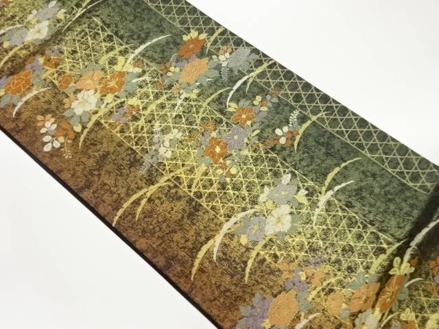 縞に籠目・秋草・雪芝模様織出し袋帯【中古】【着】 宗sou