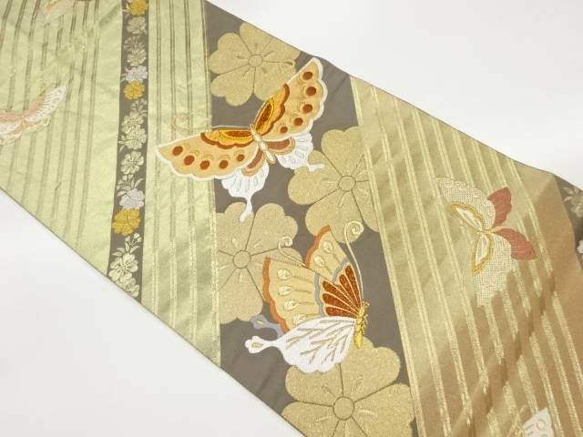 斜線に蝶・桜模様織出し全通袋帯【中古】【着】 宗sou