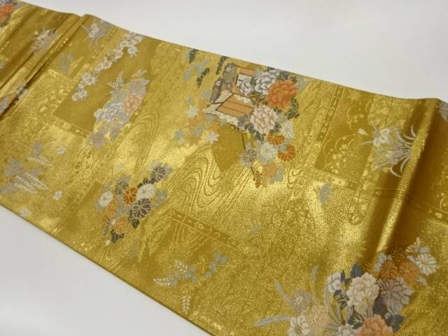 格子に御所車・草花模様織出し袋帯【中古】【着】 宗sou