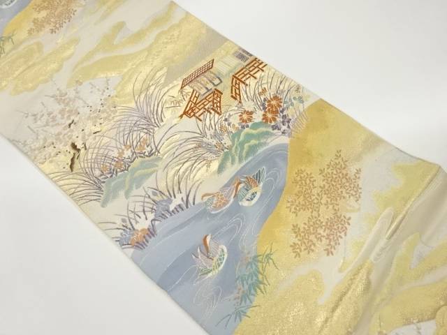 屋敷に草花・鴛鴦模様織出し袋帯【中古】【着】 宗sou