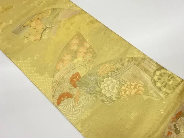 地紙に草花・扇・御所車模様織出し袋帯【中古】【着】 宗sou