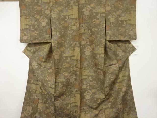 扇に草花模様織出し手織り紬単衣着物【中古】【着】 宗sou 7,252円
