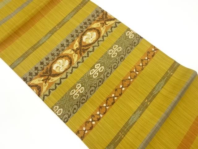横段に抽象花唐草模様織出し開き名古屋帯（額縁仕立て）【中古】【着】 宗sou