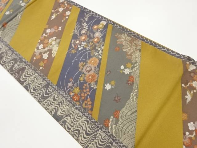 斜め縞に草花・波模様織出し袋帯【中古】【着】 宗sou