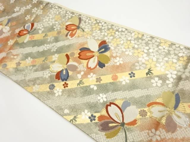 桜尽くしに斜線・鹿の子模様織出し袋帯【中古】【着】 宗sou｜お茶道具・着物　【宗 sou】