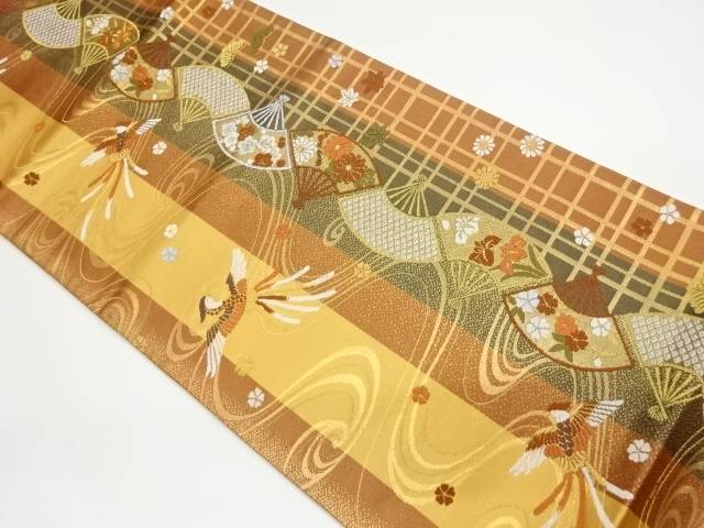 扇に流水・鳳凰・草花模様織出し袋帯【中古】【着】 宗sou