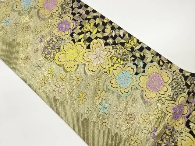 雪輪に市松・桜尽くし模様織出し袋帯【中古】【着】 宗sou