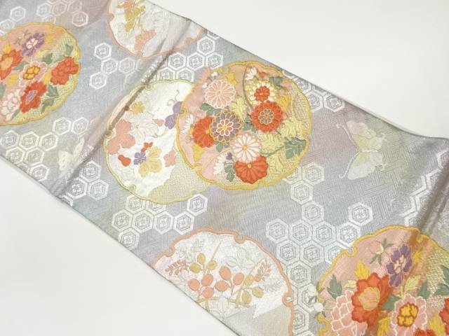 雪輪・草花・蝶に亀甲模様織出し袋帯【中古】【着】 宗sou