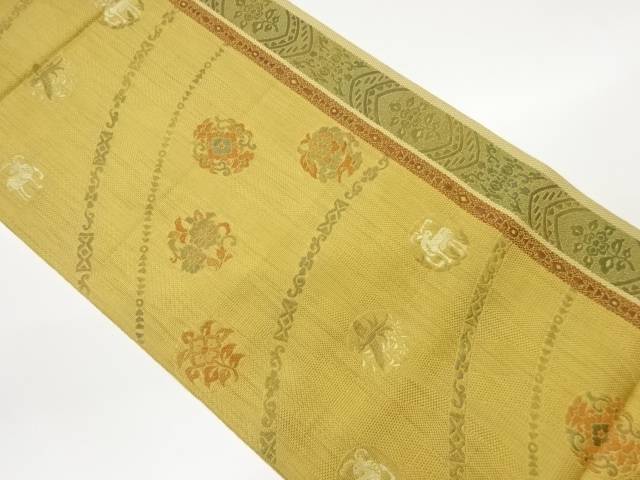 本場筑前博多縞に華紋・草花・鳥獣模様織出し名古屋帯【中古】【着】 宗sou